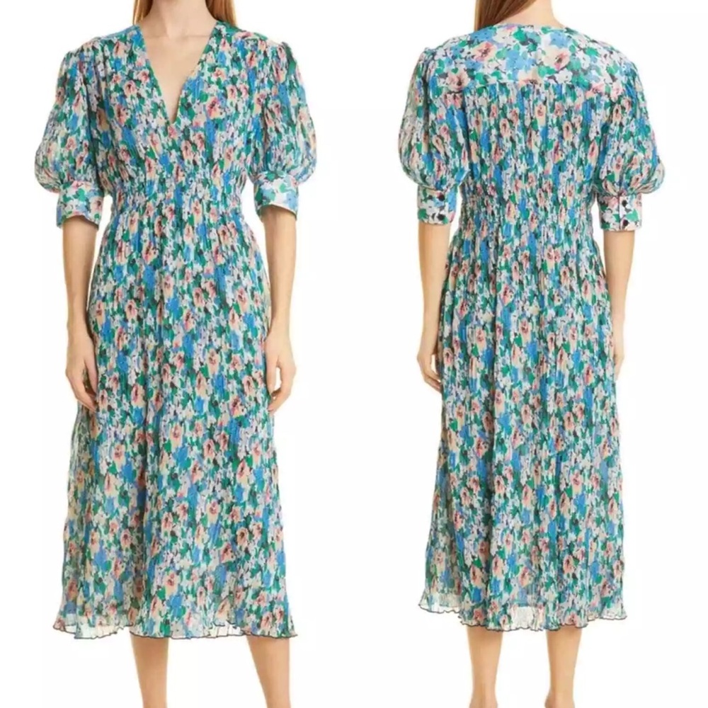 GANNI Pleated Georgette Floral Midi Dress 38 M L